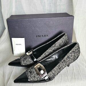 PRADA Tweed & Patent Leather Kitten Heels Pumps – With Box